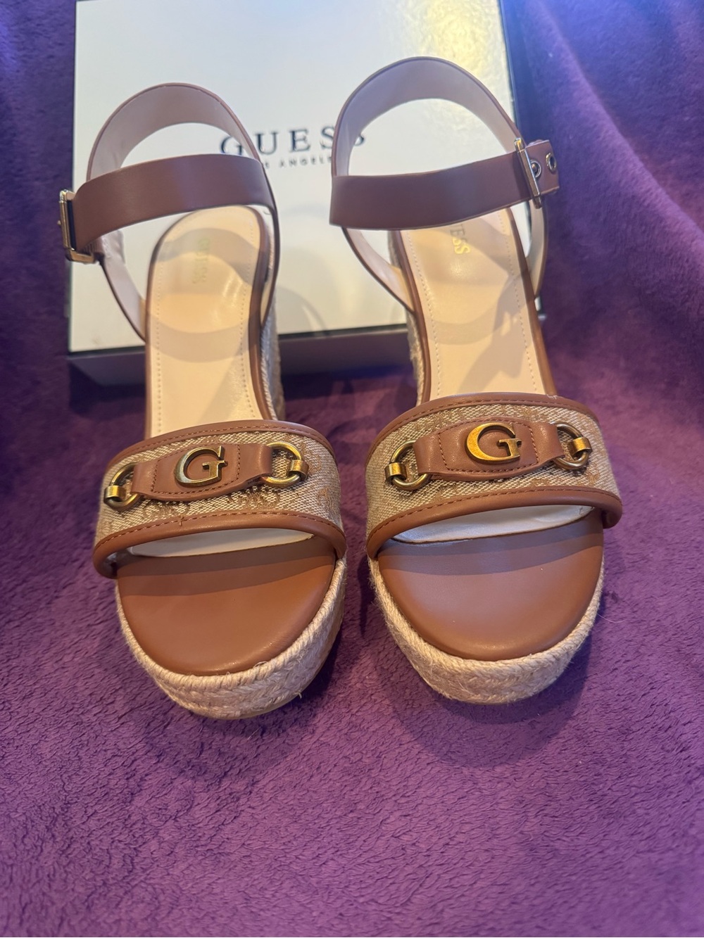 Guess Tan Braided Espadrille Wedge Sandals